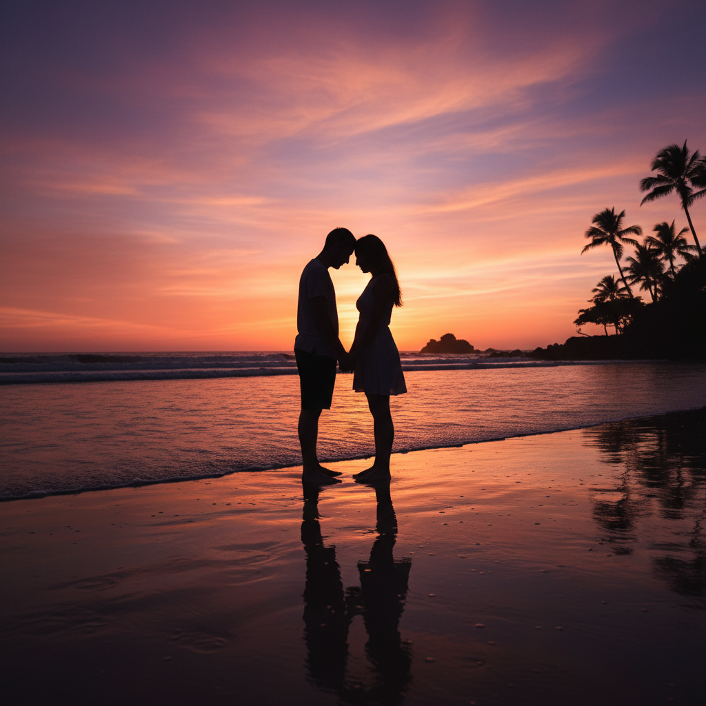 A romantic silhouette of a couple standing on a beach during a vibrant purple and orange sunset, holding hands, ethereal and peaceful vibes.