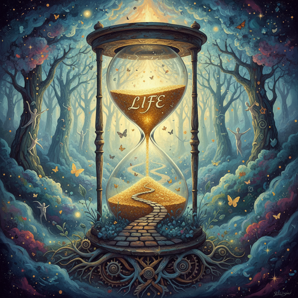 An abstract artistic representation of 'Life', featuring an old hourglass half-filled with golden sand and a path leading into a misty forest, symbolic and deep meaning.