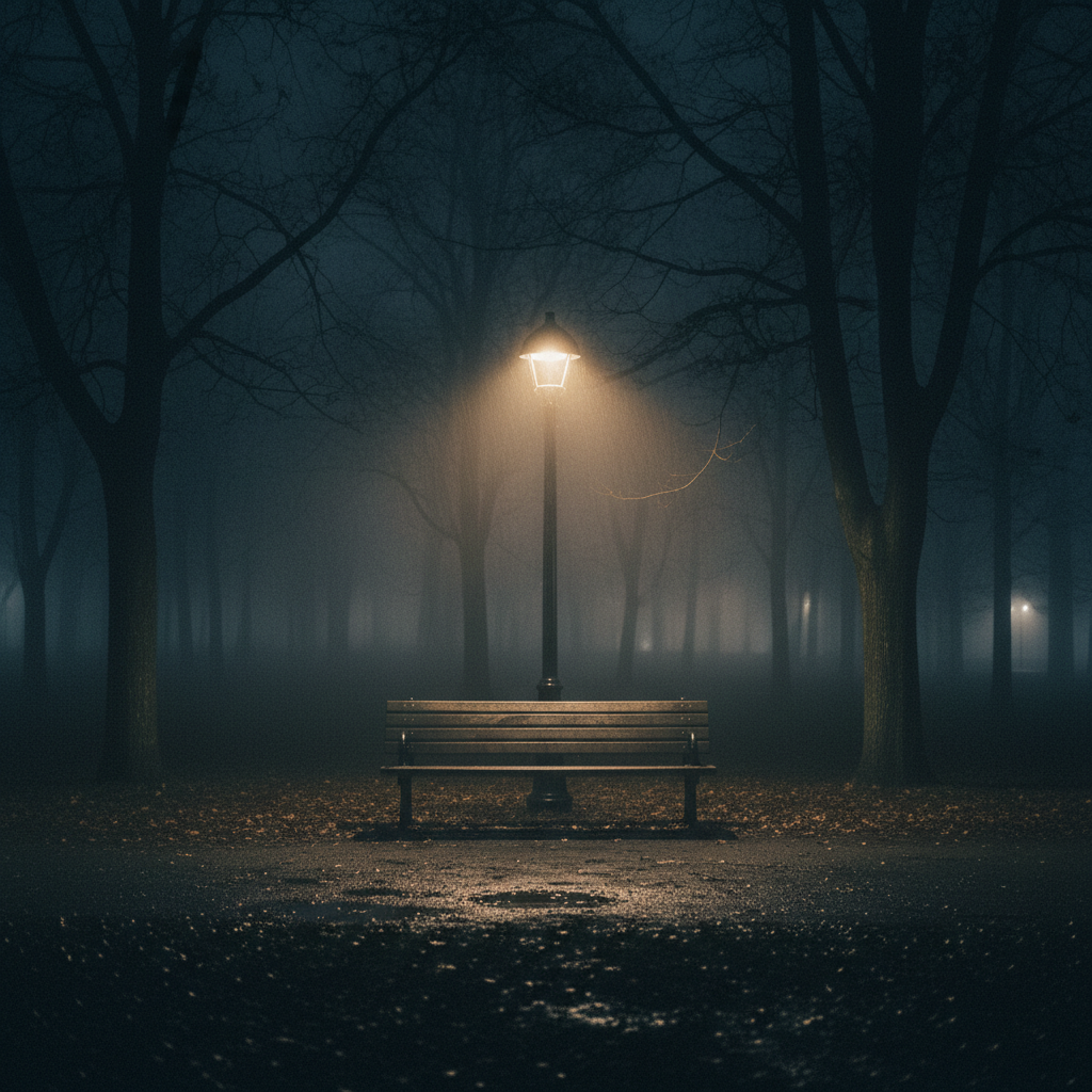 A single wooden bench under a solitary street lamp in a foggy park at midnight, symbolizing loneliness and deep sadness, dark aesthetic, professional photography.