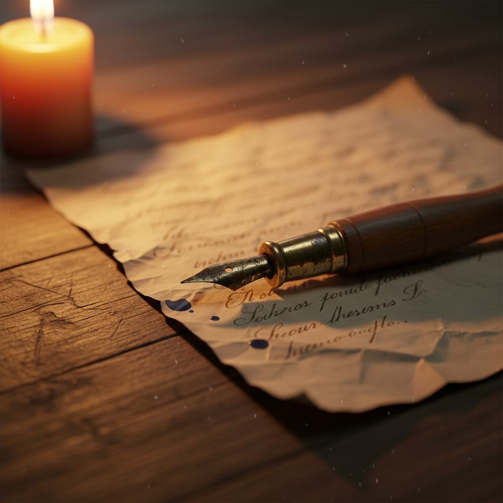 Macro shot of an old ink pen lying next to a crumpled piece of paper on a wooden table, soft candlelight casting long shadows, poetic and nostalgic atmosphere.