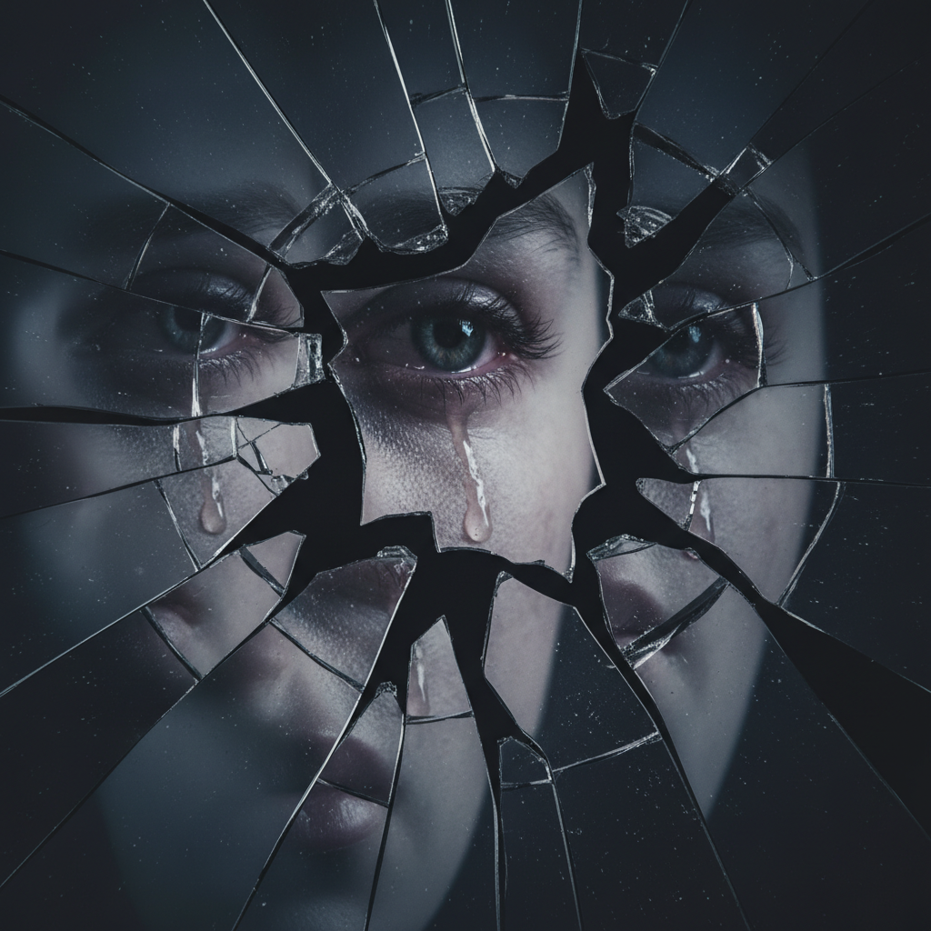 A broken glass mirror reflecting a blurred image of a weeping eye, artistic and symbolic representation of a broken heart, dramatic dark tones.