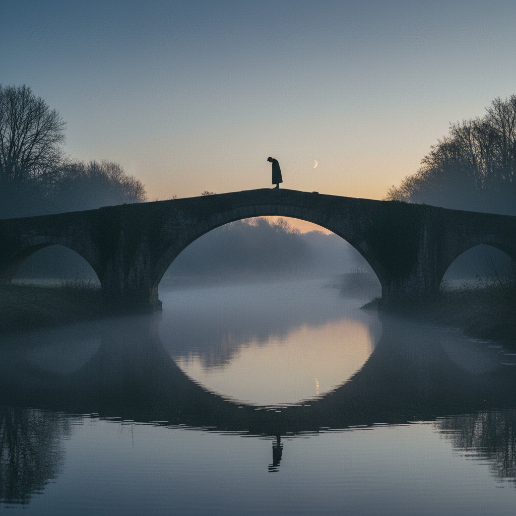 A lonely figure standing on a bridge over a calm river at twilight, misty atmosphere, emotional and moody cinematic photography, representing sadness.