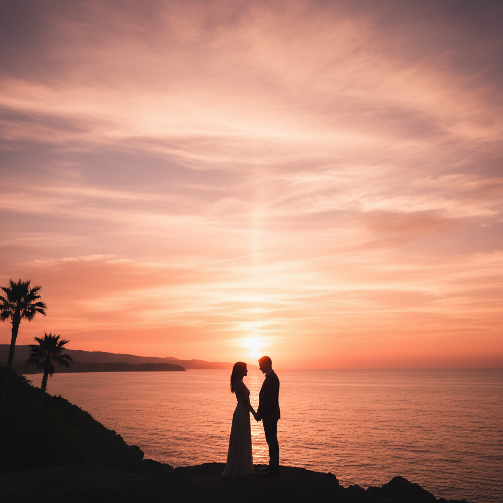 A romantic couple's silhouettes against a stunning pink and orange sunset background, aesthetic and peaceful vibes, high detail.