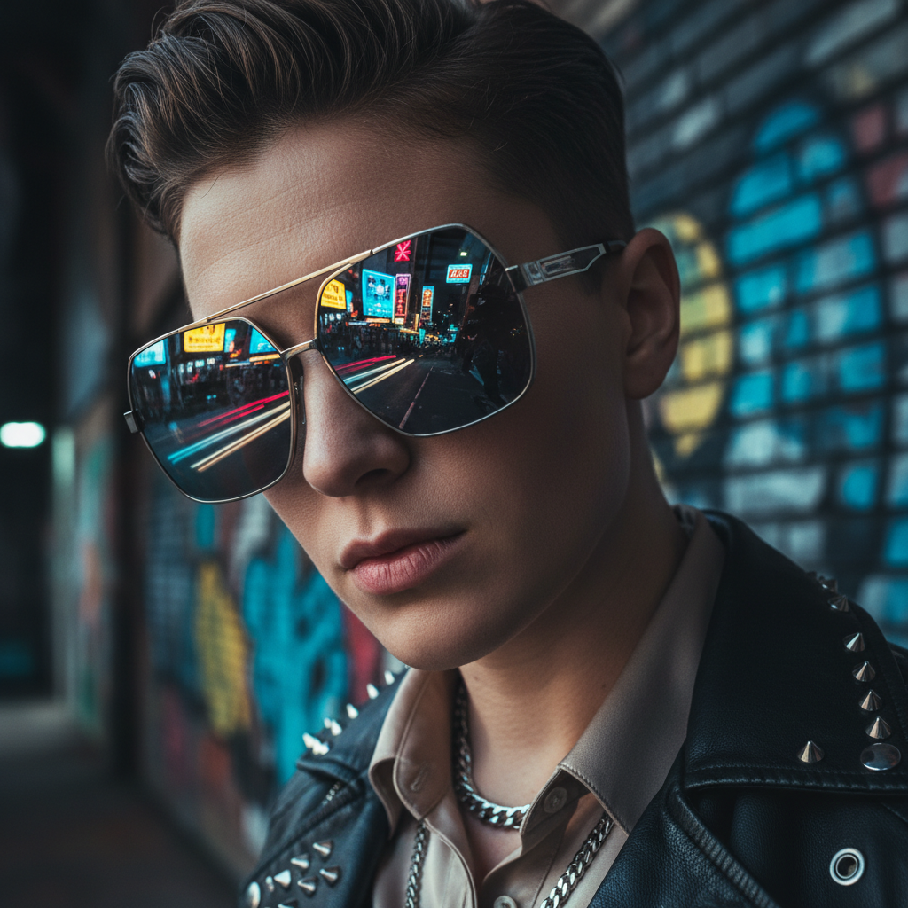 A close-up of a stylish person wearing sunglasses, reflecting a city street with neon lights, looking confident and bold, urban fashion aesthetic.