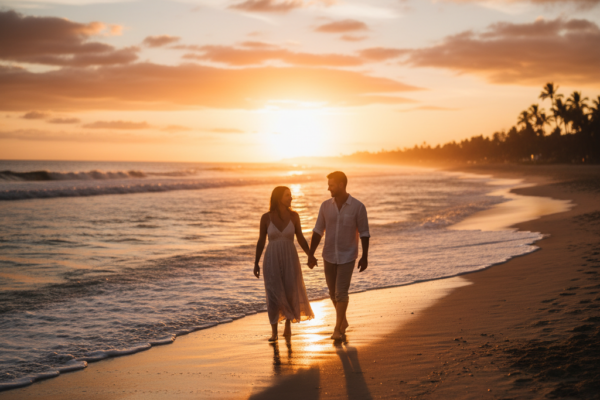 A wide-angle cinematic shot of a romantic couple w