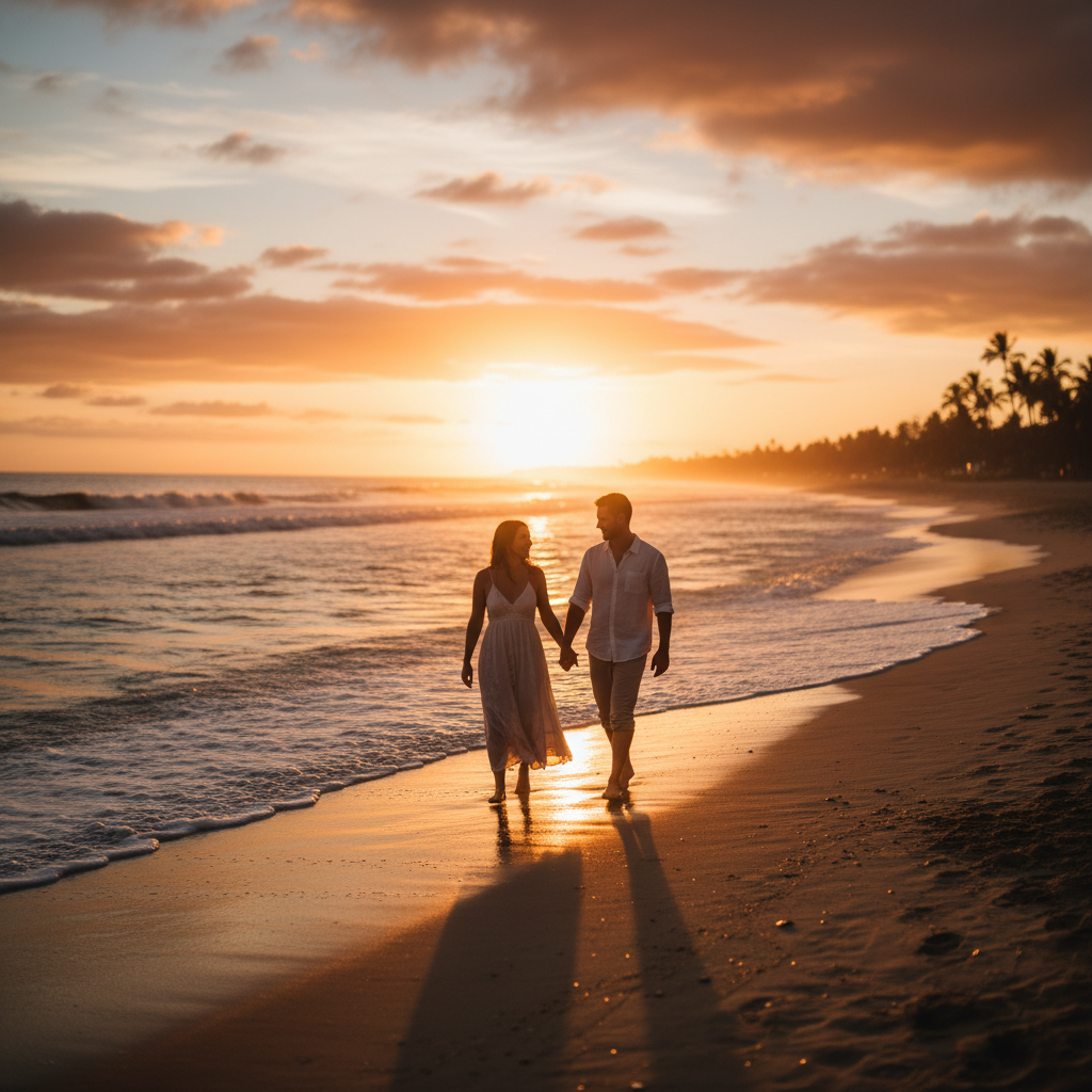 A wide-angle cinematic shot of a romantic couple w