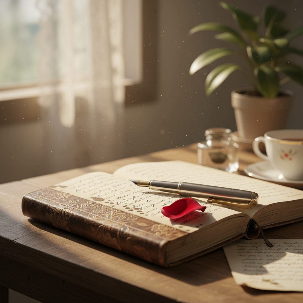 A high-quality close-up of an aesthetic vintage diary with a fountain pen and a red rose petal on top, soft morning sunlight through a window, romantic atmosphere.