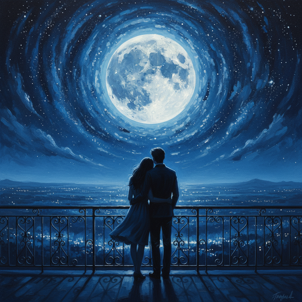 A silhouette of a man and woman standing on a balcony under a bright full moon and starry night sky, deep blue and silver color palette, artistic and romantic.