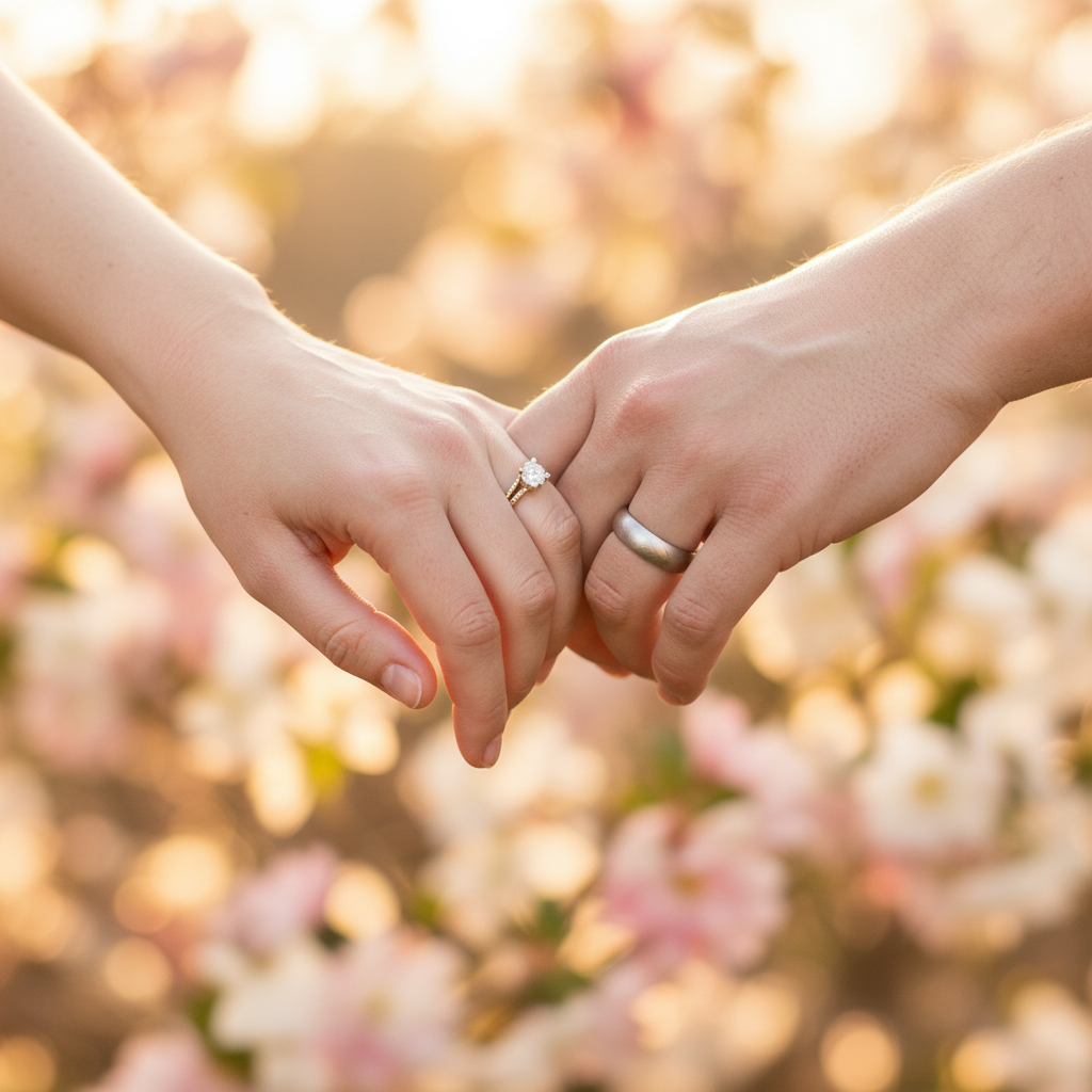 A close-up shot of two people's hands gently interlocked, wearing subtle engagement rings, soft blurry floral background, bokeh effect, warm and emotional.
