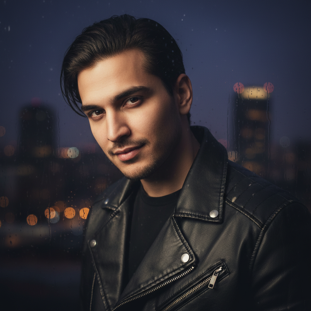 A close-up of a confident young man in a leather jacket, looking into the camera with a slight smirk, dark moody background with soft focus city lights, representing 'Badmashi' attitude style.
