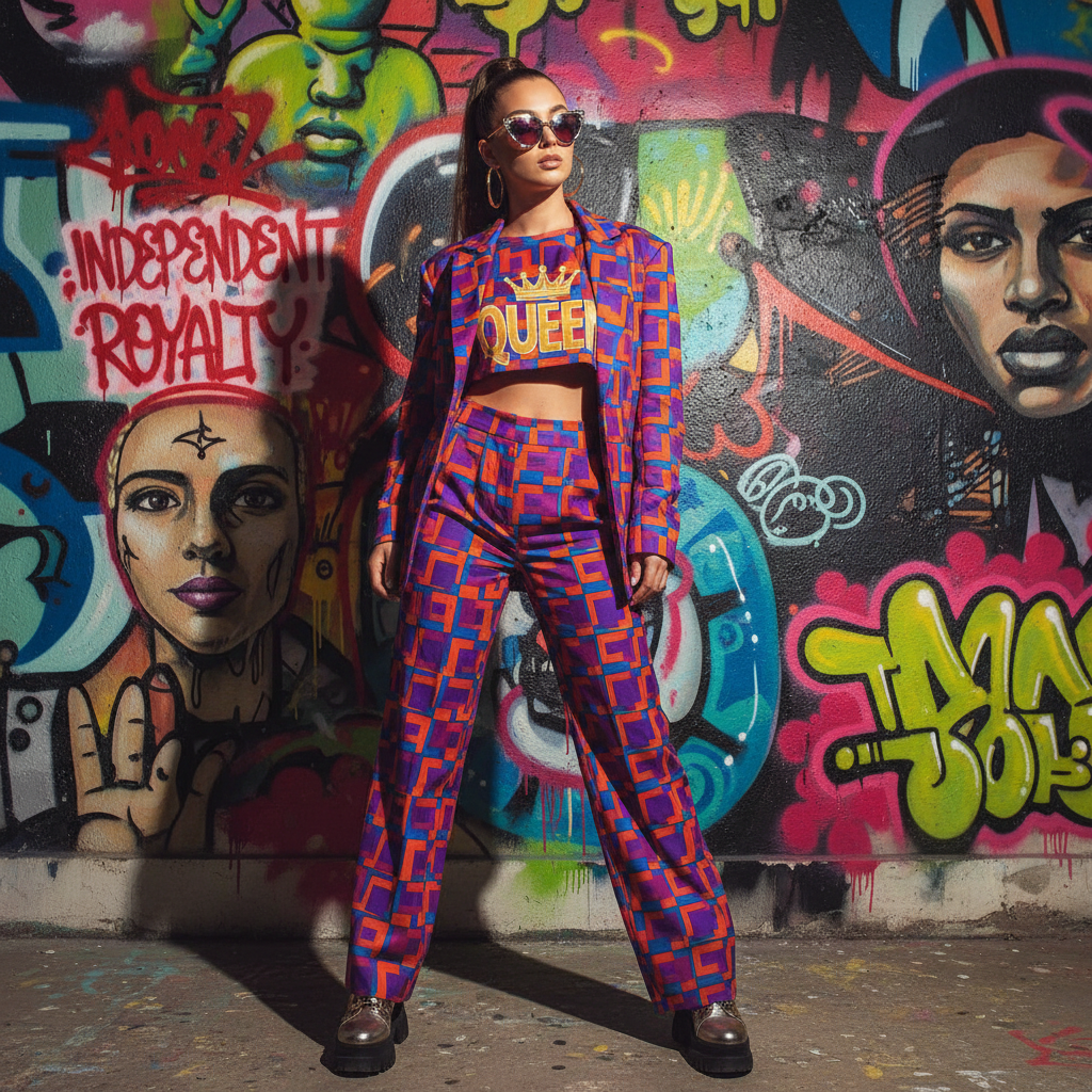 A stylish young girl wearing trendy sunglasses, standing in front of a colorful graffiti wall, bold expression, representing independent 'Queen' attitude, high fashion photography style.
