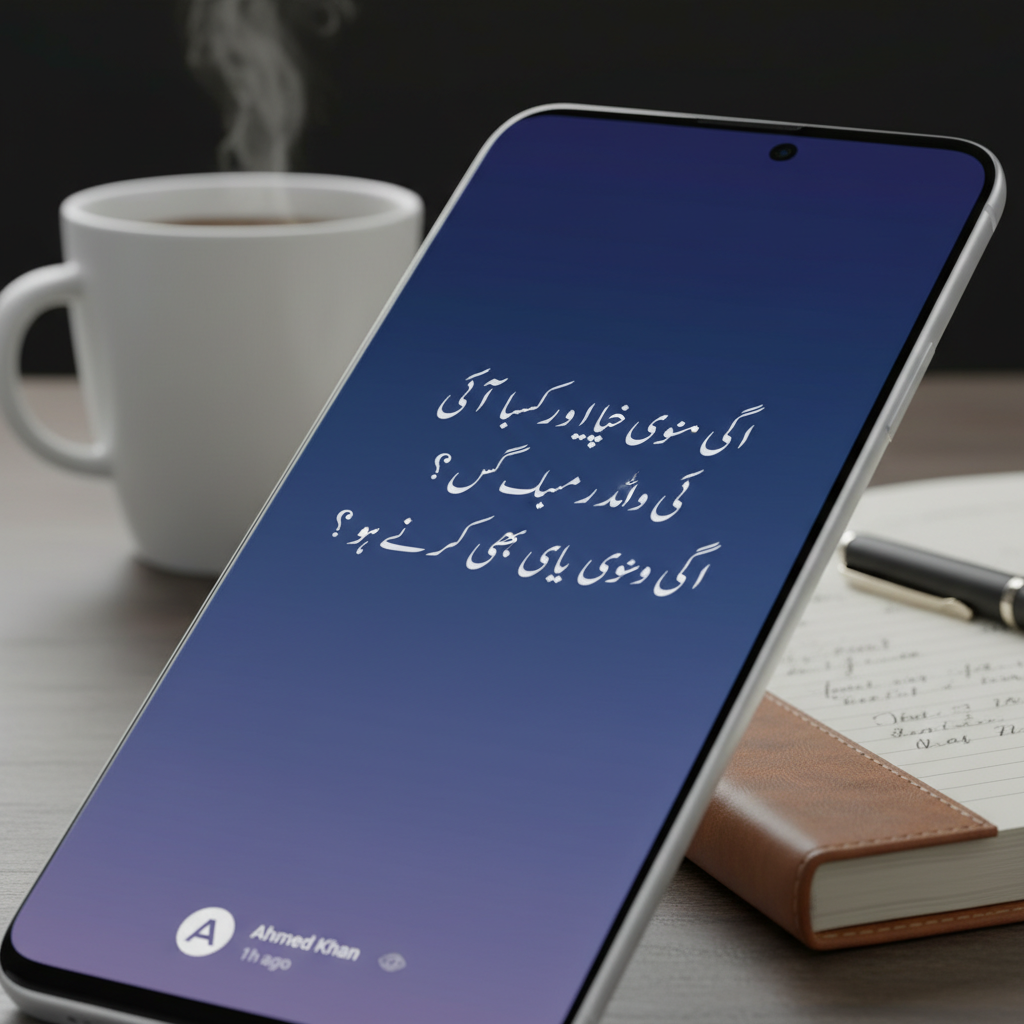 A high-quality 3D render of a smartphone screen displaying a WhatsApp status with elegant Roman Urdu poetry, blurred aesthetic background with a cup of coffee and a notebook.
