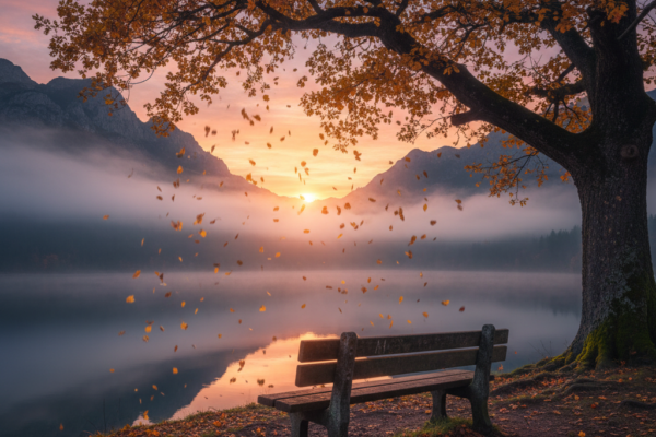 A cinematic shot of a lonely wooden bench under a