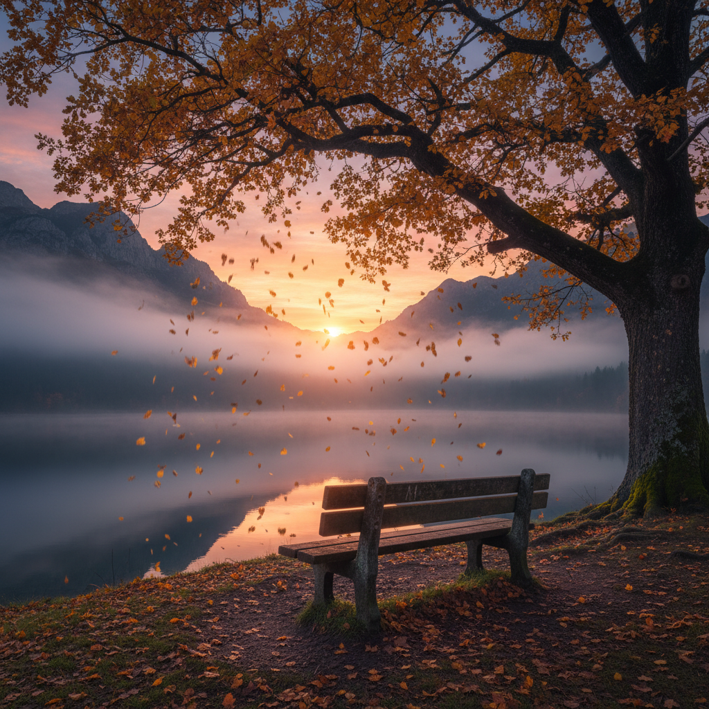 A cinematic shot of a lonely wooden bench under a