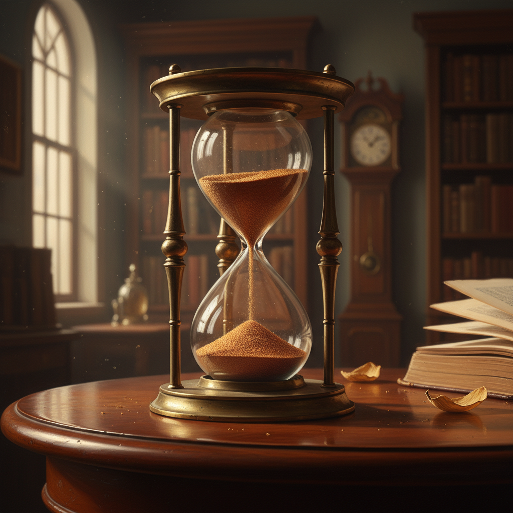 A close-up of an antique hourglass on a dark wooden table with sand slowly trickling down, soft dramatic lighting from a nearby window, symbolic of the passing time in life, realistic style.