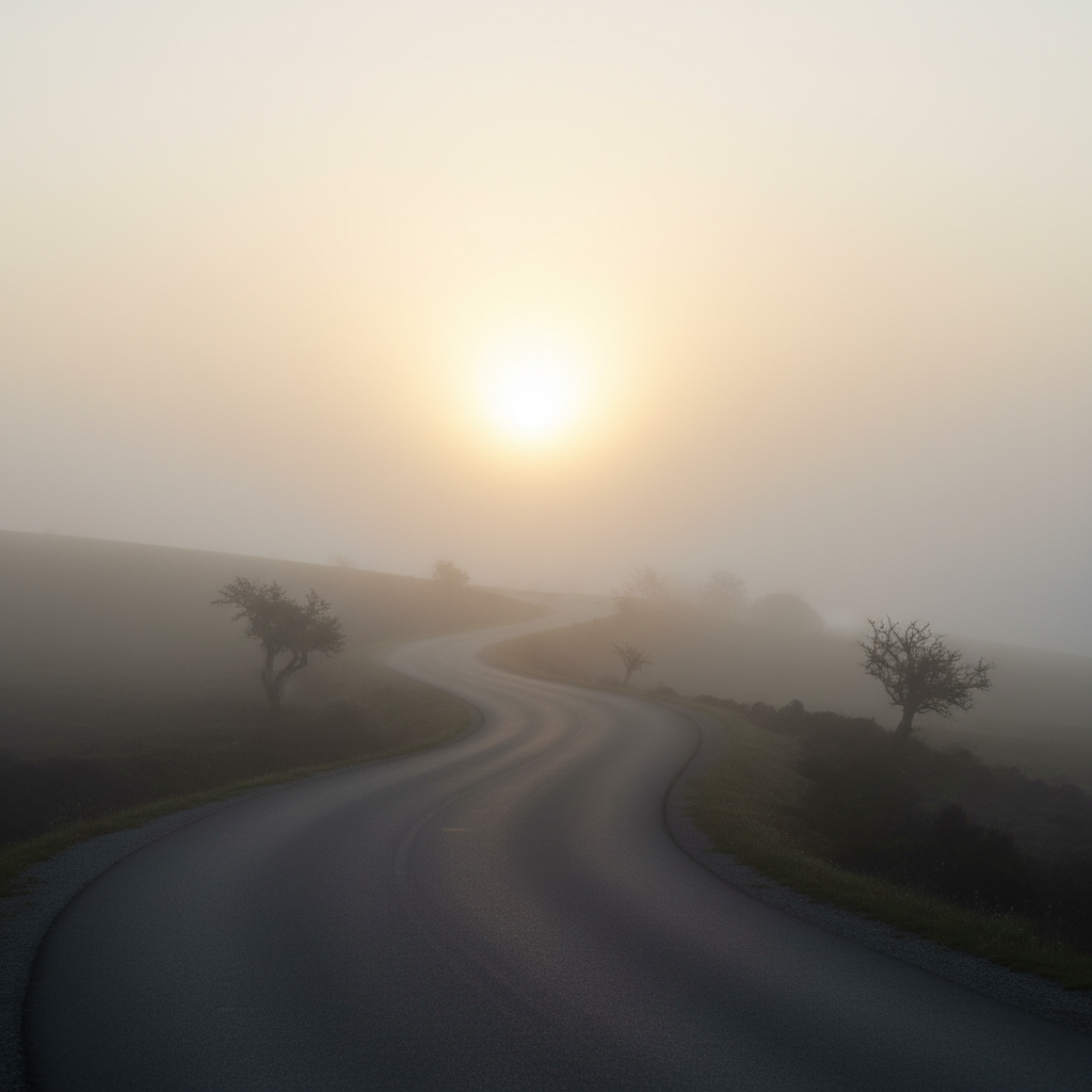 A long winding road disappearing into a foggy horizon during sunrise, symbolizing the uncertain journey of life and the search for truth, minimalist and artistic photography.