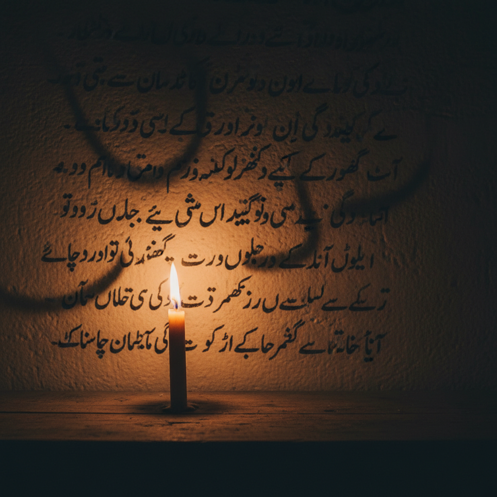 A single lit candle in a dark room casting long shadows on a wall covered with handwritten Urdu calligraphy, symbolizing hope and the light of poetry in difficult times, moody atmosphere.