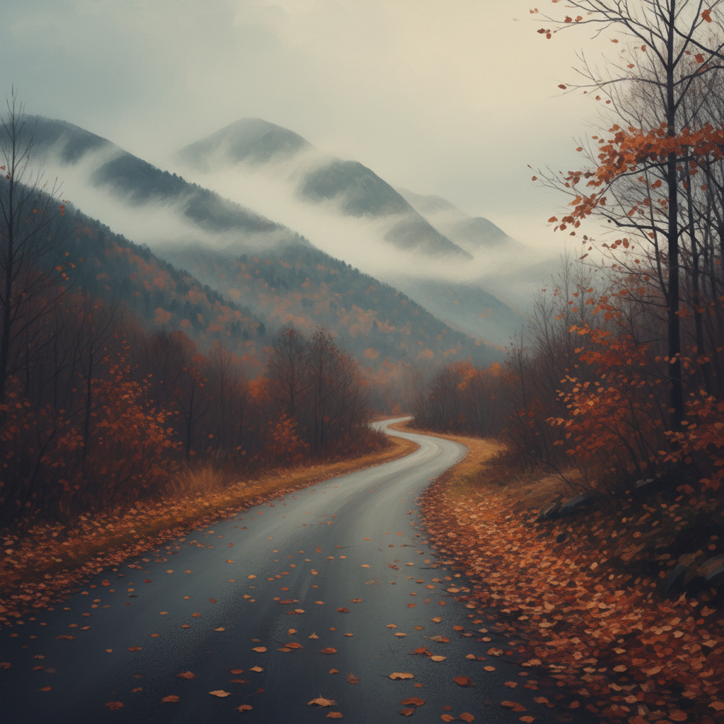 A lonely winding road disappearing into the misty mountains during autumn, orange leaves scattered on the ground, melancholic and artistic atmosphere.