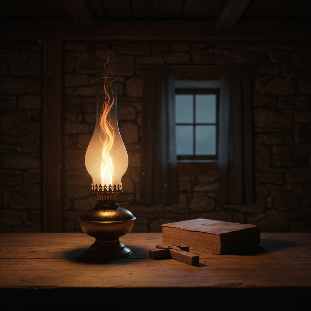 A vintage oil lamp or a single candle burning brightly in a dimly lit rustic room, symbolizing hope in darkness, high detail, warm tones.