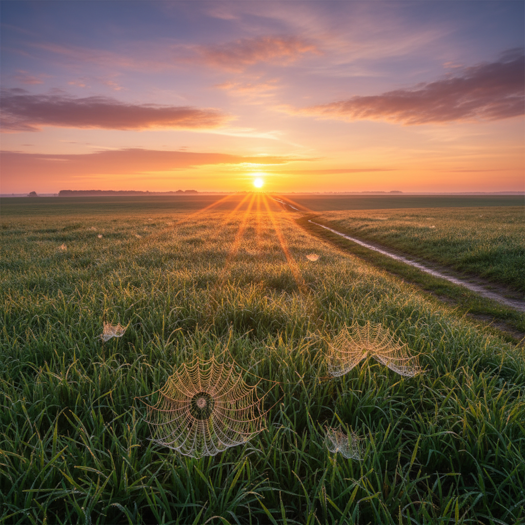 A bright and hopeful sunrise over a vast green field with dew drops on grass, vibrant colors, symbolizing a new beginning in life.