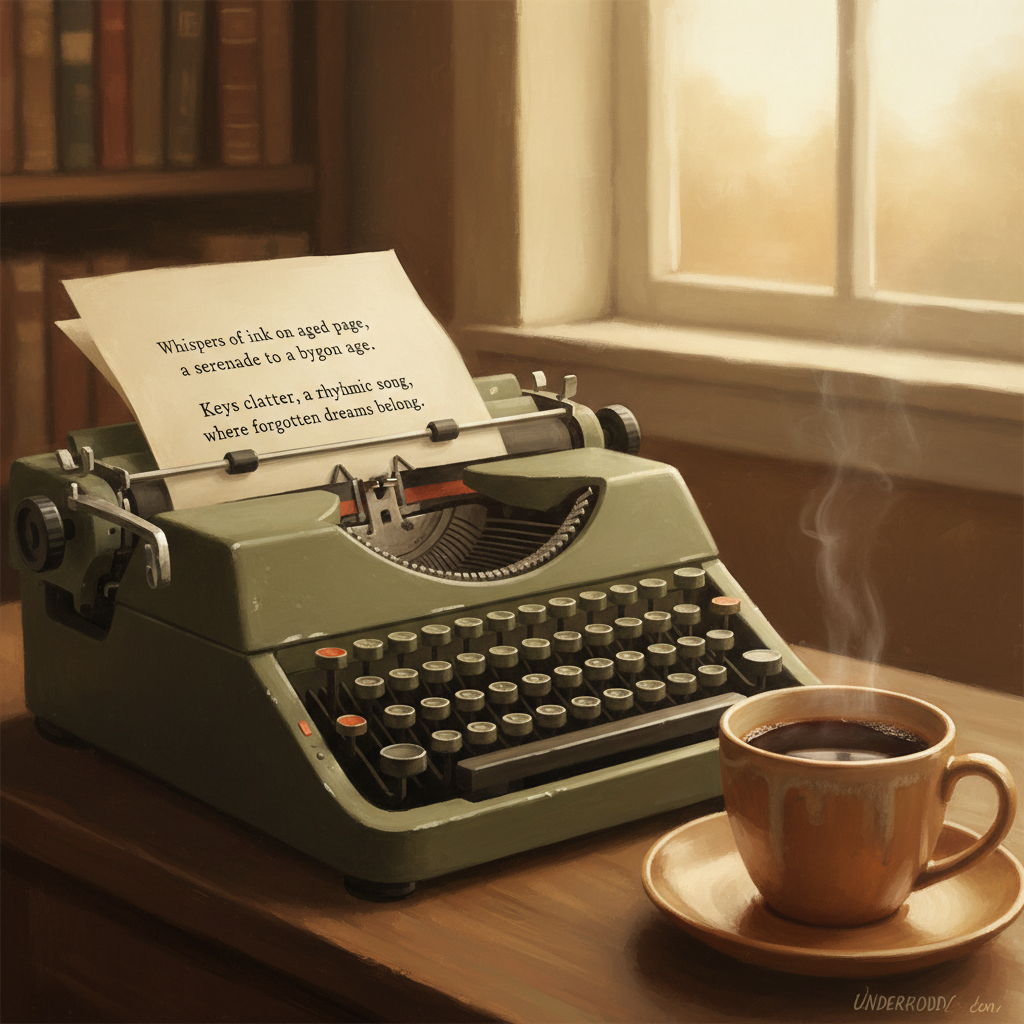 A vintage typewriter with a half-written poem on paper, blurred background with a warm coffee mug, artistic and nostalgic vibe.