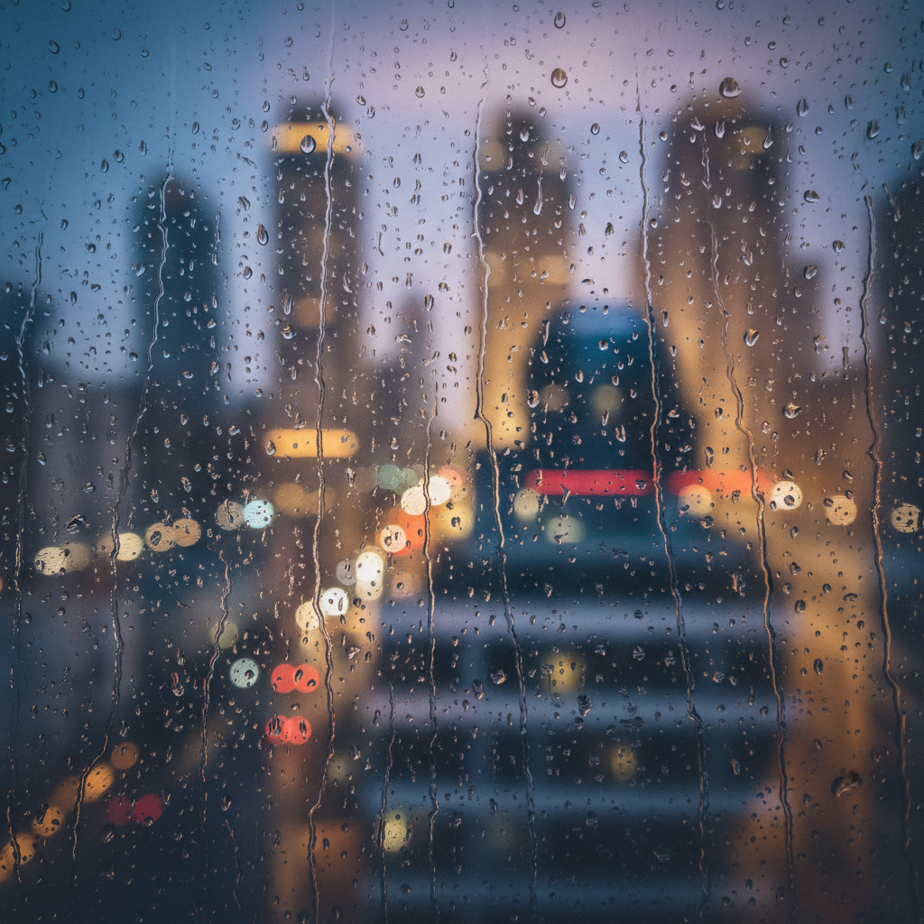 A rainy window pane with water droplets, looking out into a blurry city at night, reflecting a mood of sadness and reflection.