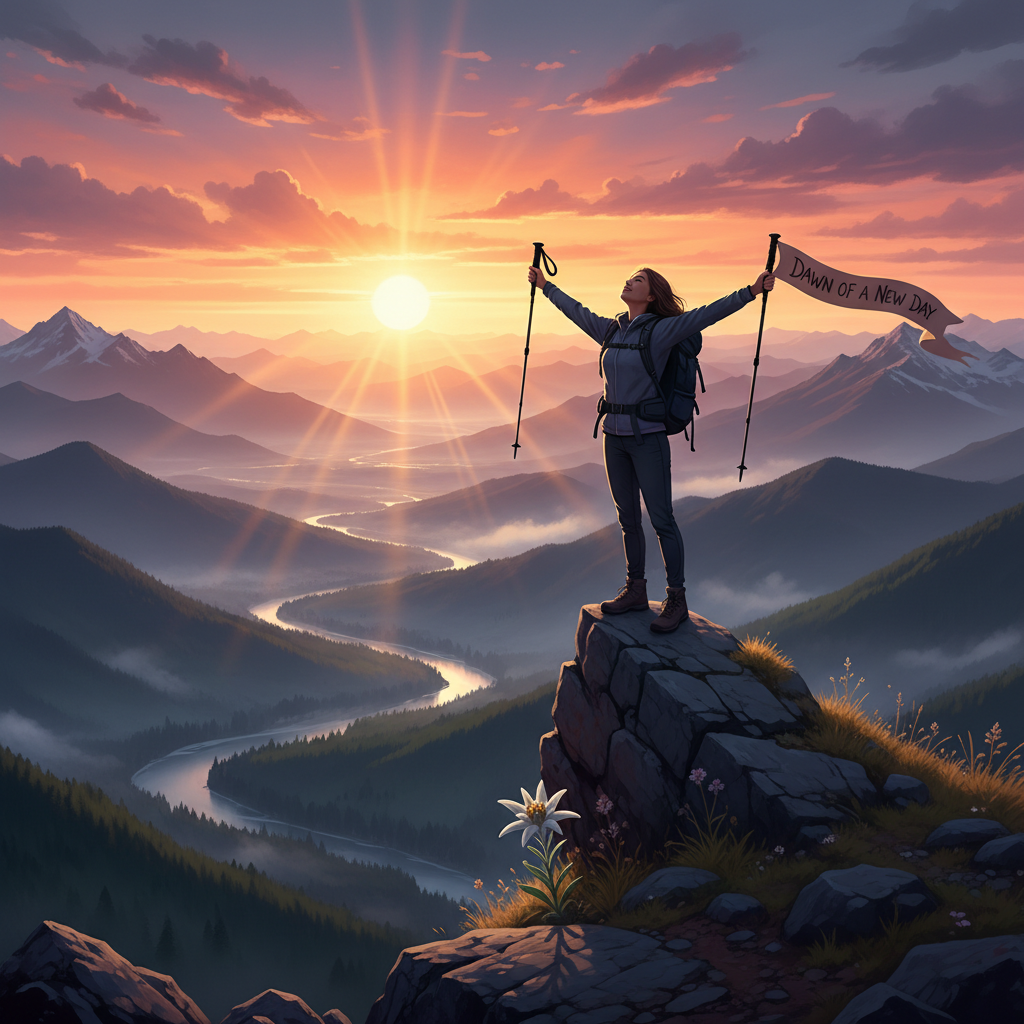 A person standing on a mountain peak looking at a vast valley below during sunrise, symbolizing hope, motivation, and the beauty of life.