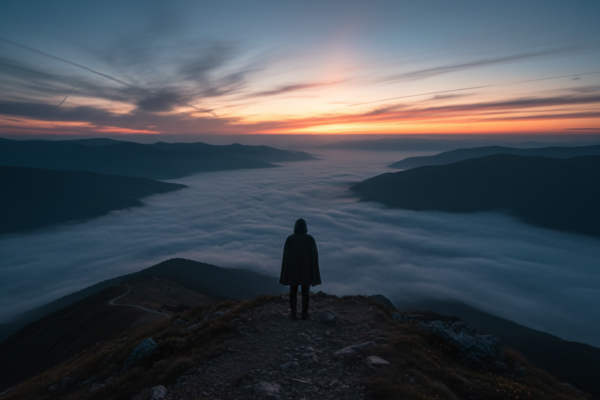 A cinematic wide shot of a lonely person standing