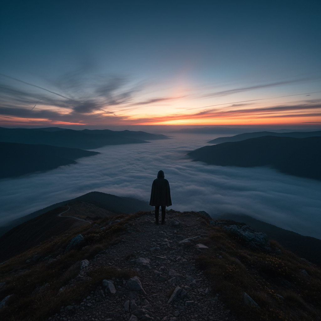A cinematic wide shot of a lonely person standing
