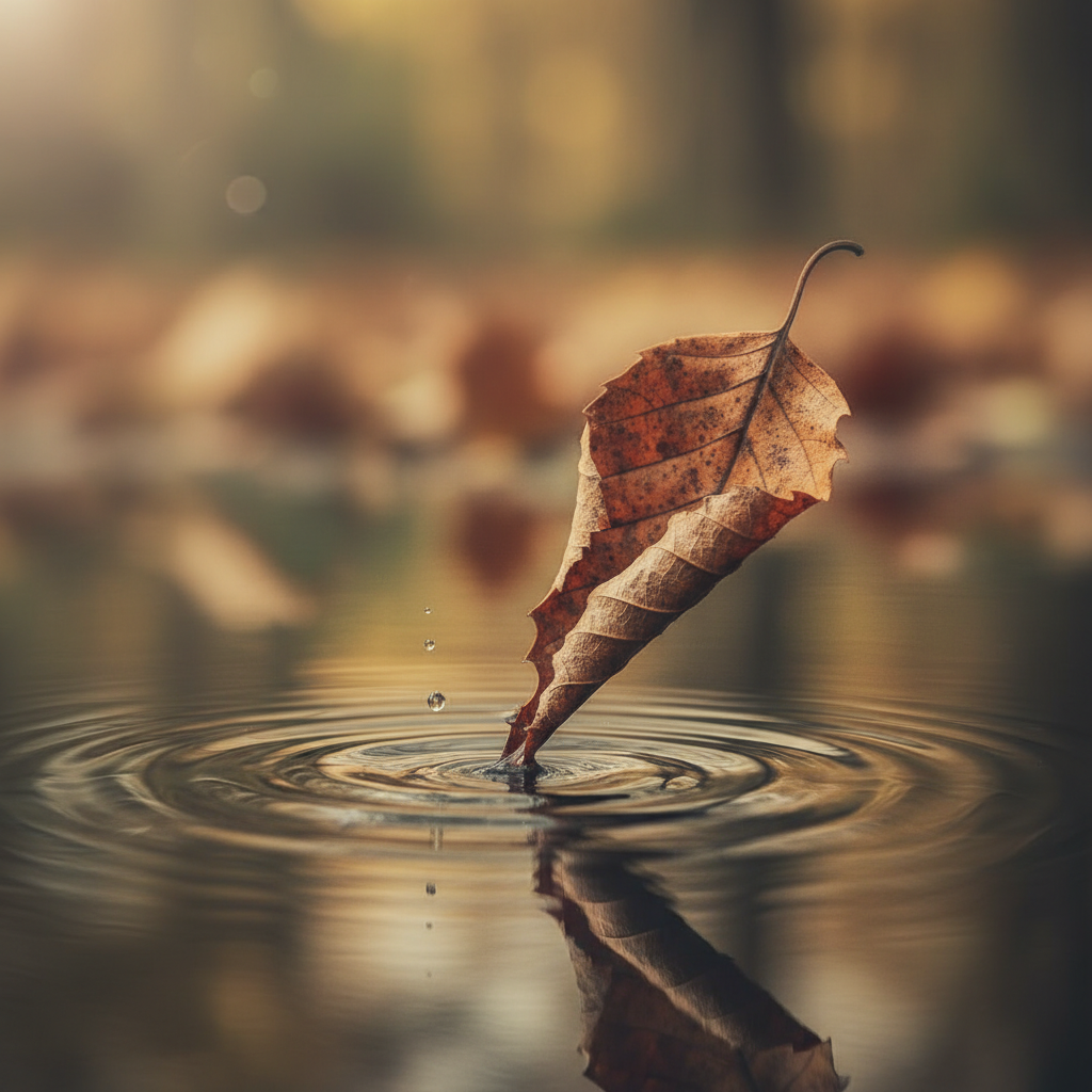 Macro shot of a dried leaf falling into a still puddle of water, creating ripples, symbolic of passing time and bitter truths, aesthetic artistic style, soft bokeh background.