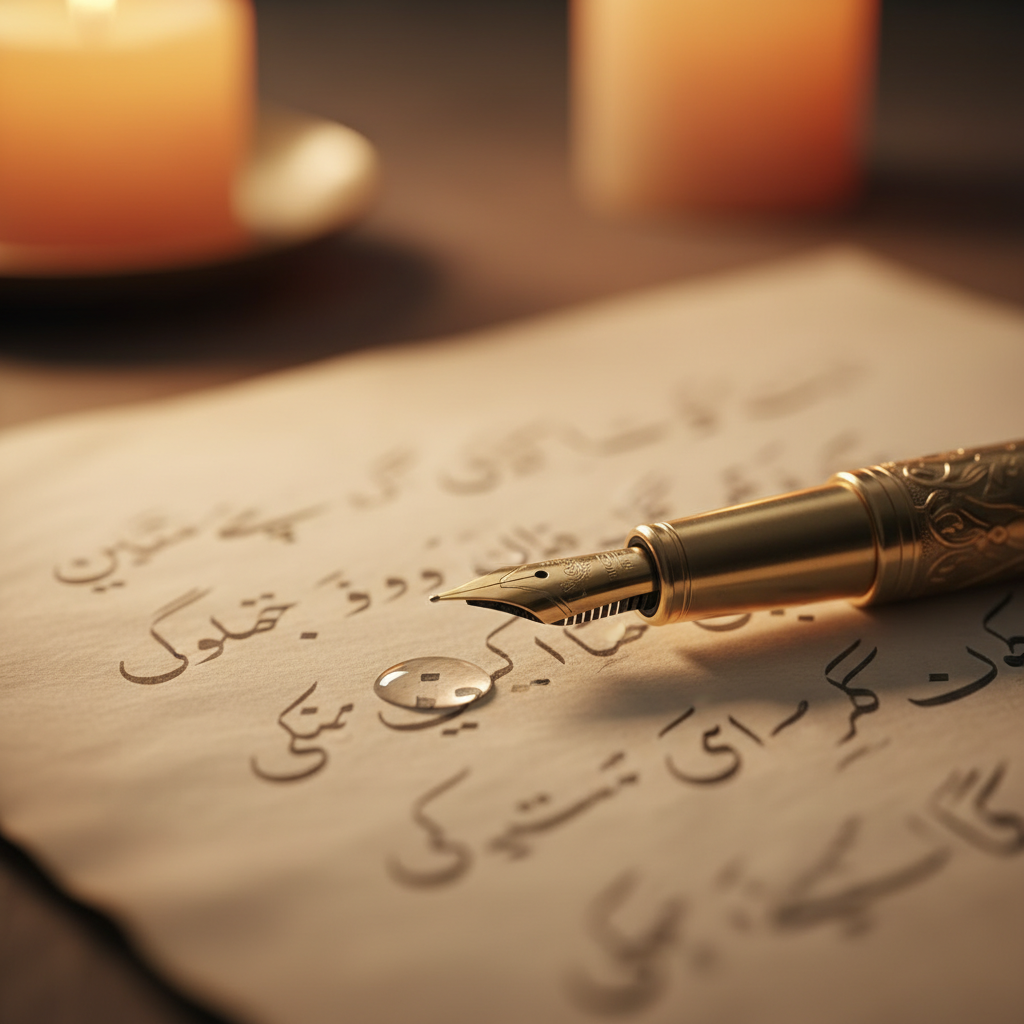 A close-up of a vintage fountain pen resting on a piece of paper with blurred Urdu calligraphy, a single tear drop on the paper, soft candle lighting, melancholy atmosphere.