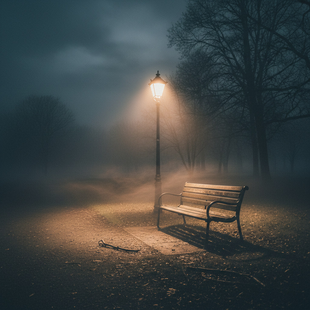 An empty wooden park bench under a dim yellow street lamp at night, light fog in the air, capturing a sense of loneliness and reflection, 4k resolution.