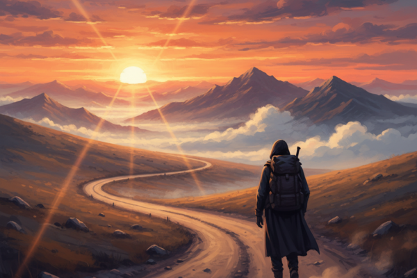 A lone traveler walking on a long, winding road to