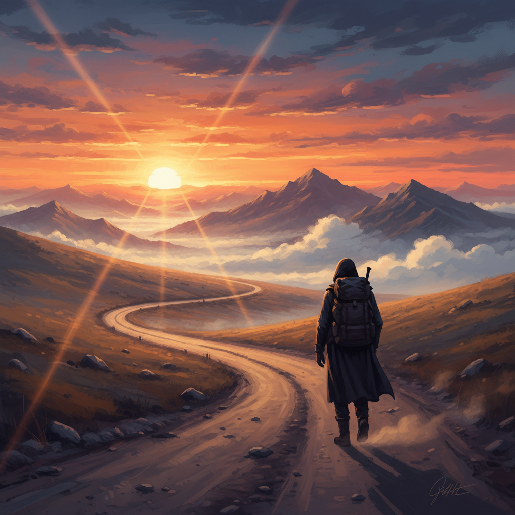 A lone traveler walking on a long, winding road to