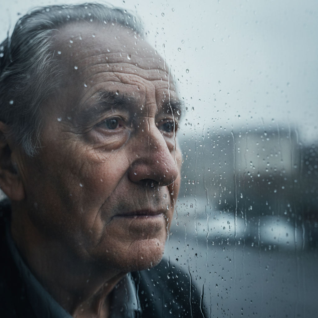 A close-up of an elderly man with deep wrinkles on his face looking through a rainy window, soft natural lighting, melancholic and thoughtful mood.