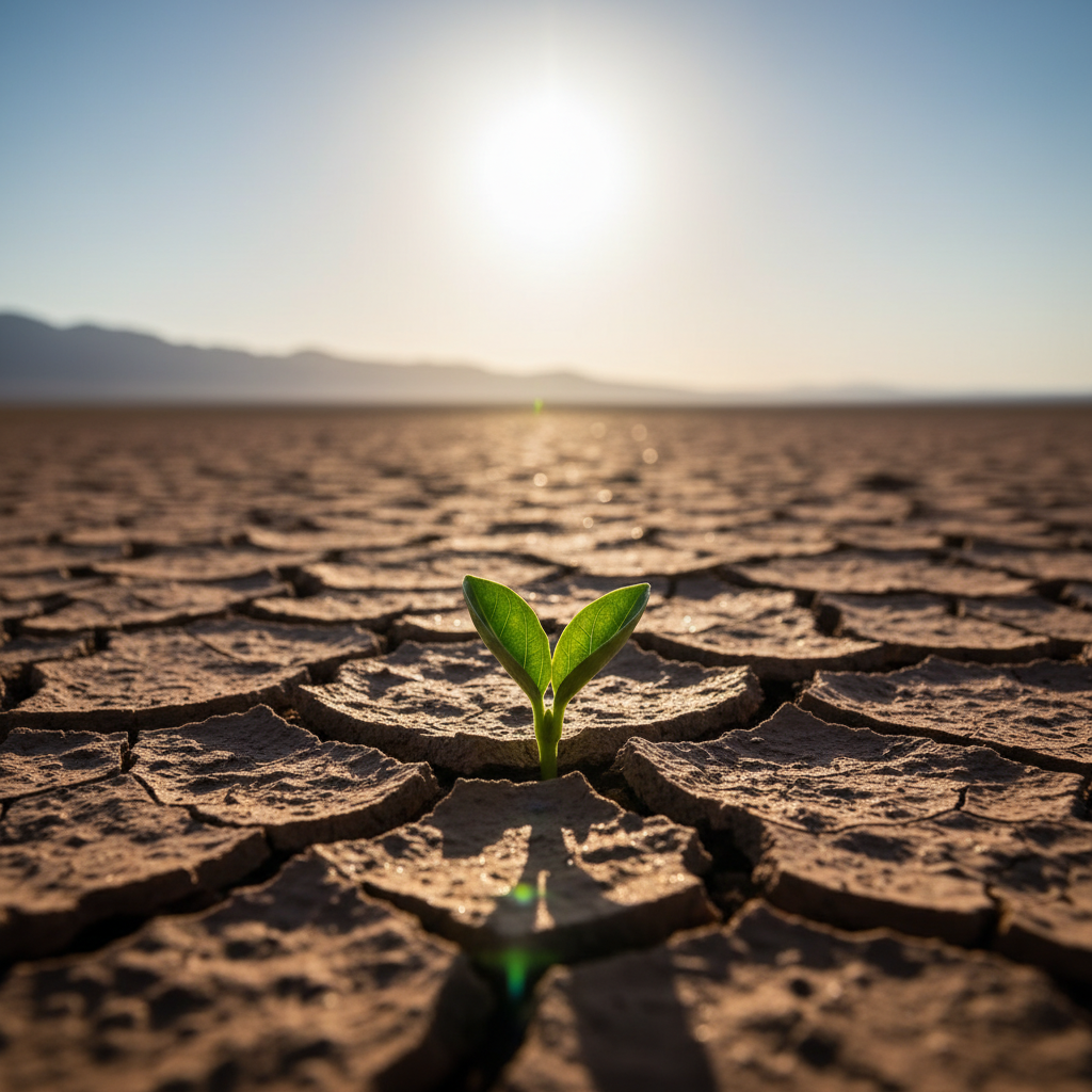 A single green leaf sprouting from a cracked, dry desert ground under a bright sun, symbolic of hope and resilience in difficult times, high contrast photography.