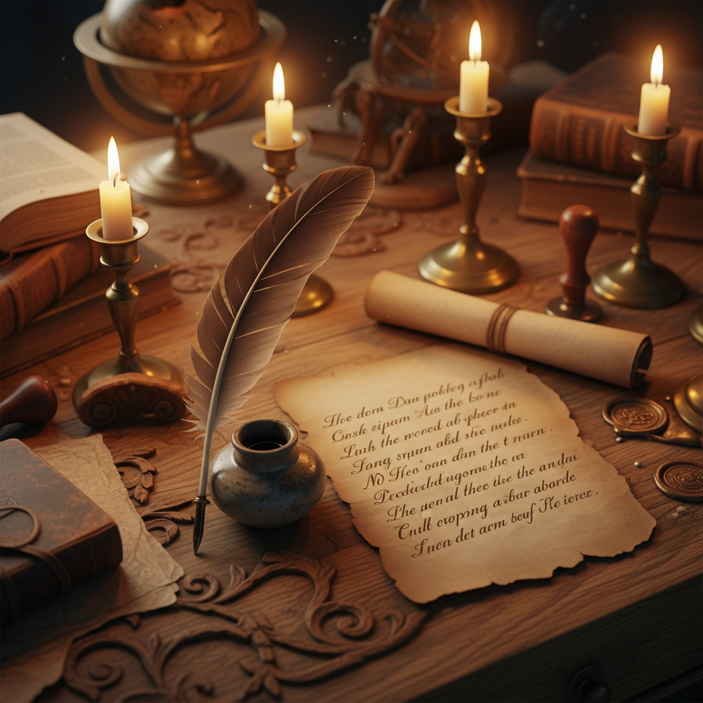 A vintage wooden desk with a quill pen, an ink pot, and a handwritten poem on parchment, warm candle light, nostalgic and literary aesthetic.