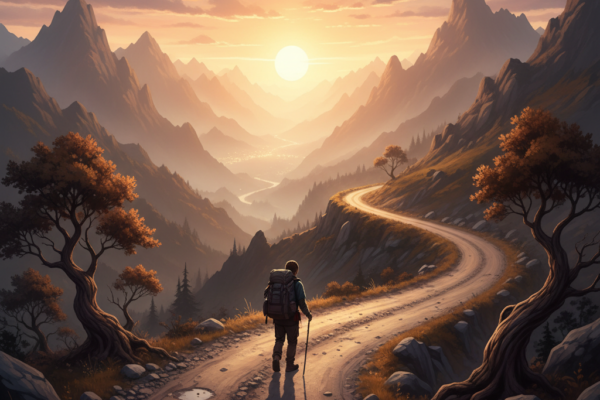 A cinematic wide shot of a traveler walking on a w