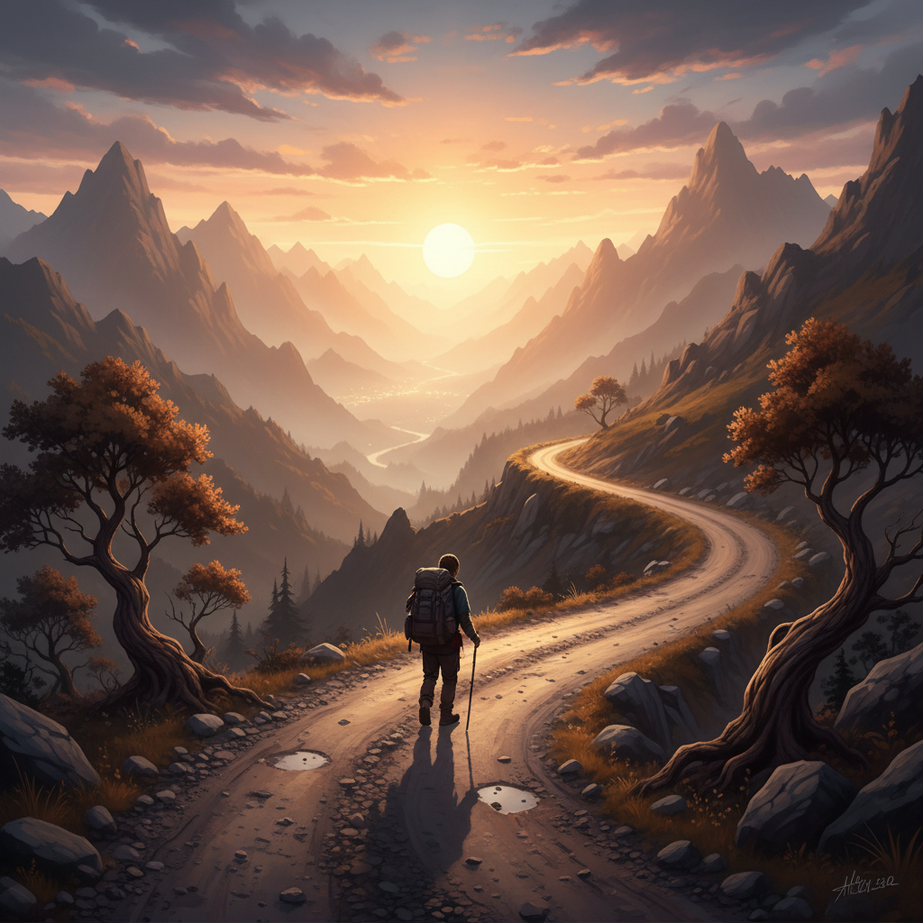 A cinematic wide shot of a traveler walking on a w