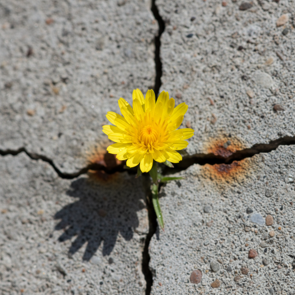 A close-up shot of a bright yellow flower blooming through a crack in a concrete wall, representing beauty amidst hardship, macro photography, high detail.