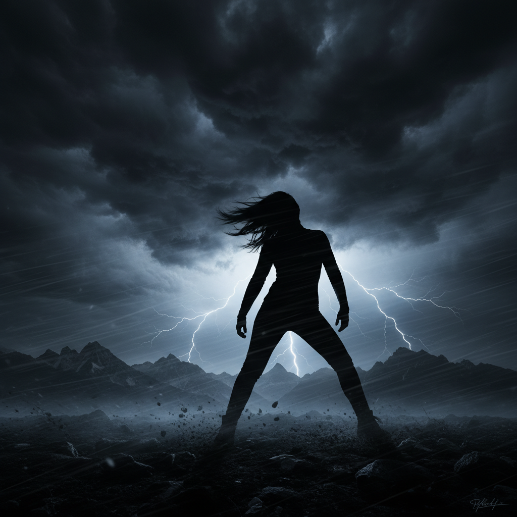 A silhouette of a person standing strong against a stormy wind and dark clouds, representing resilience and trials of life, dramatic lighting, high contrast.