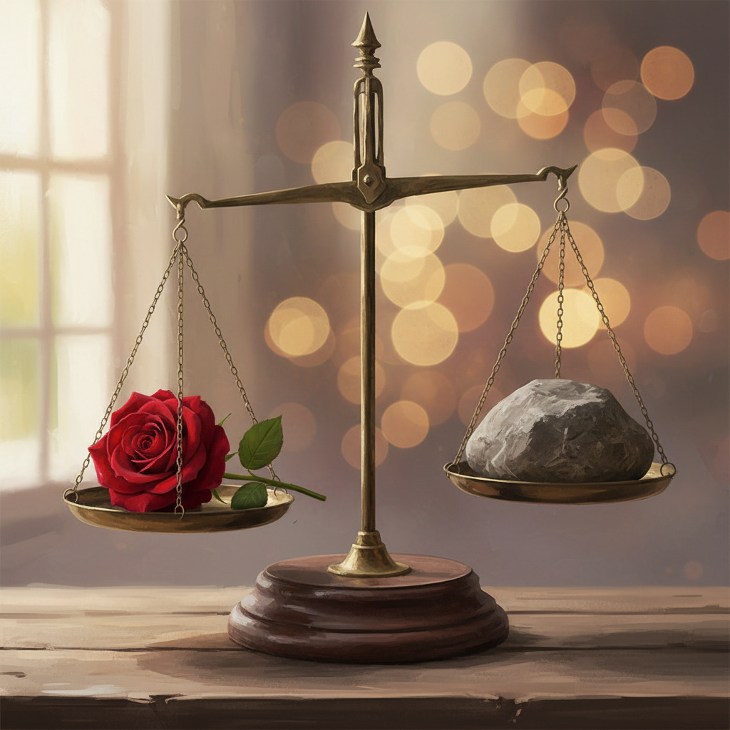 An artistic representation of a weighing scale where one side has a rose and the other side has a heavy stone, balanced perfectly on a wooden table, soft bokeh background.