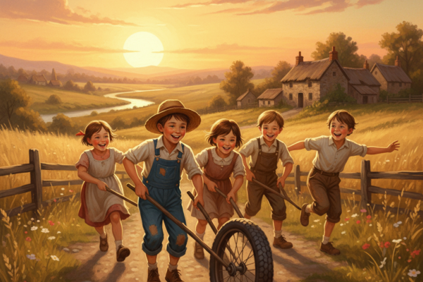 A nostalgic digital painting of a group of childre