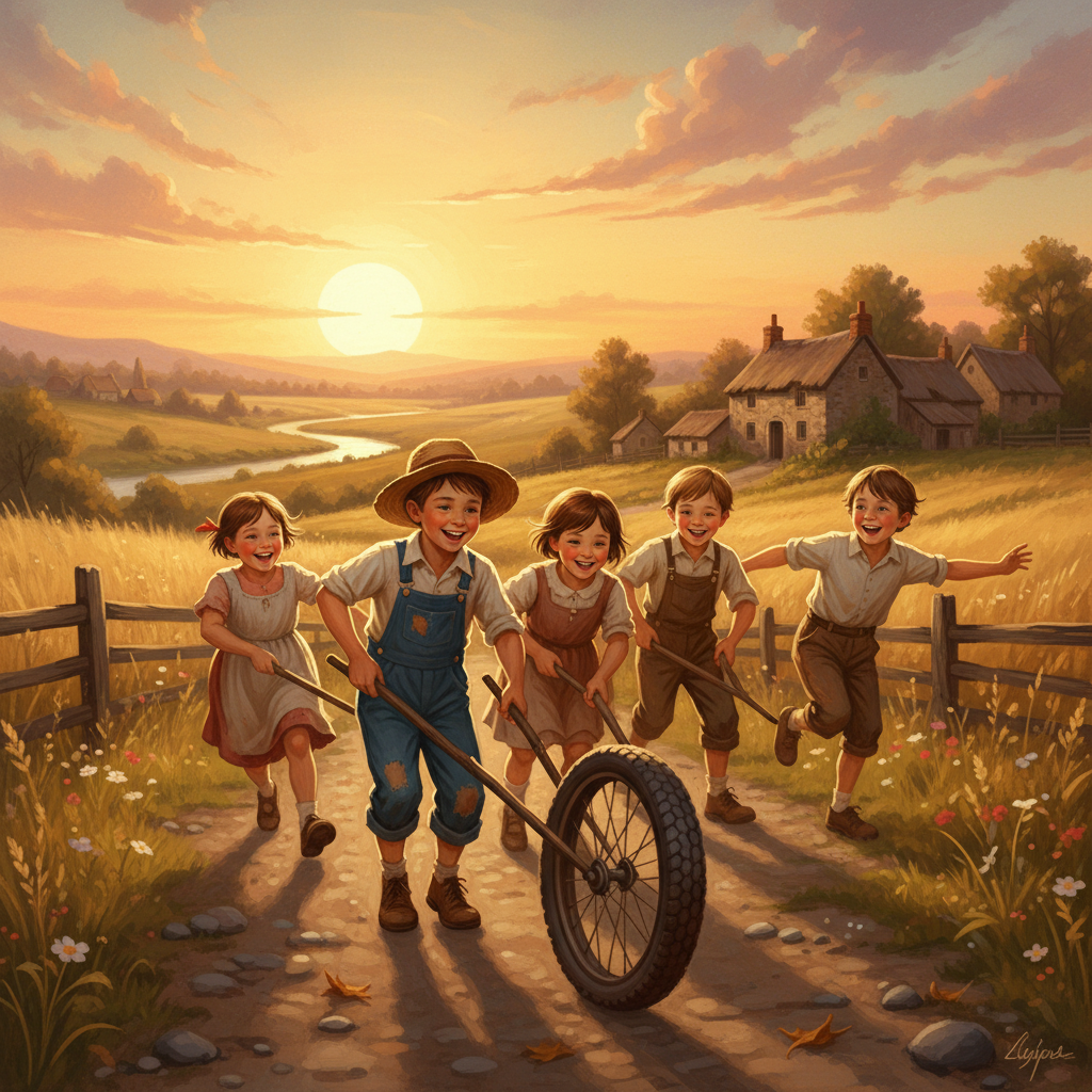 A nostalgic digital painting of a group of childre