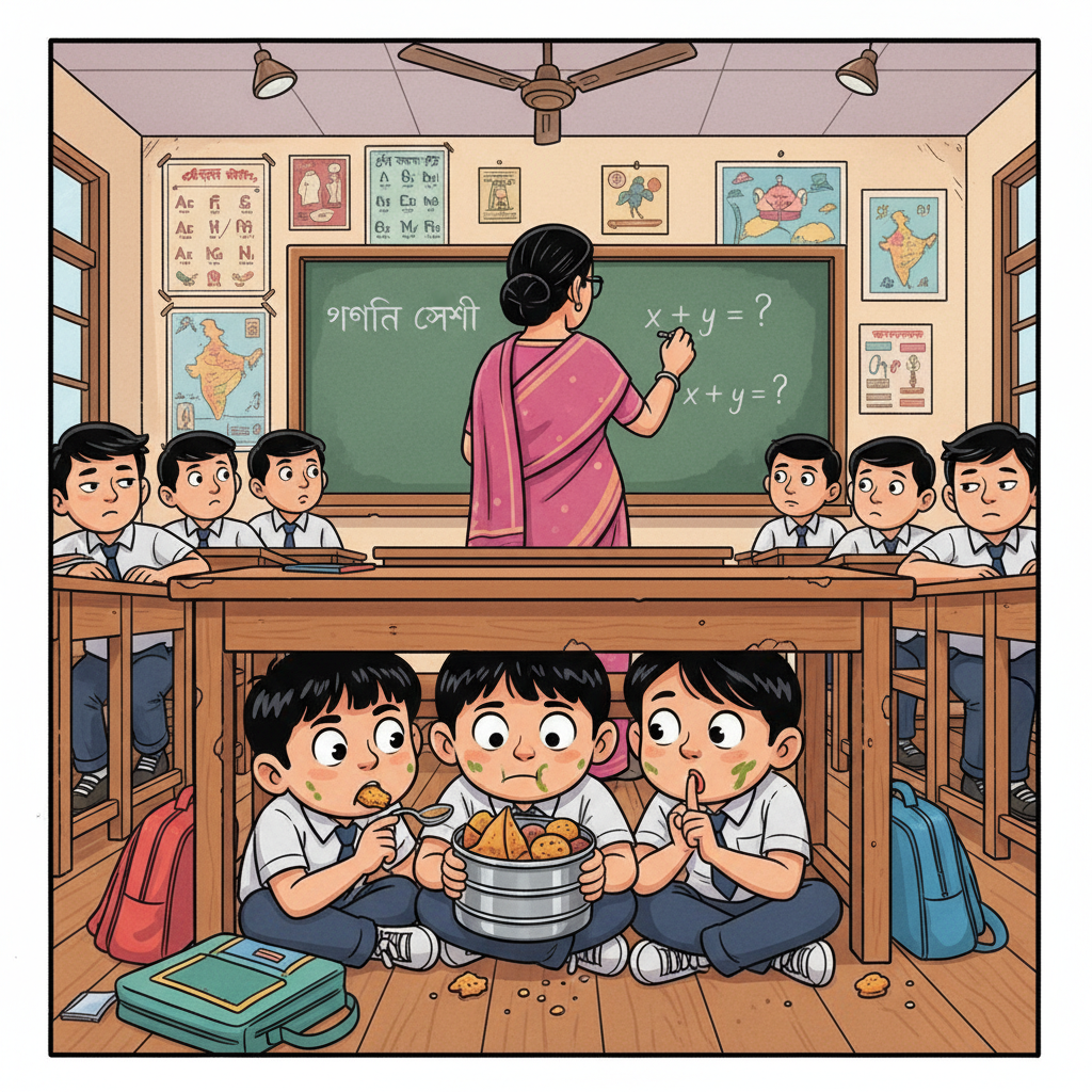 A funny cartoon-style illustration of a 1990s South Asian classroom where a group of students are secretly sharing a lunch box under the desk while the teacher is writing on the blackboard.