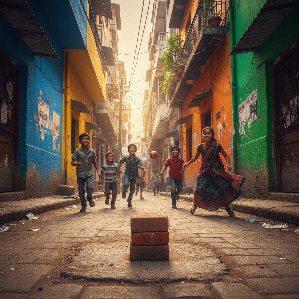 A vibrant street scene of children playing 'Gully Cricket' in a narrow colorful alley, bricks used as stumps, a plastic ball in the air, energetic atmosphere, cinematic lighting.