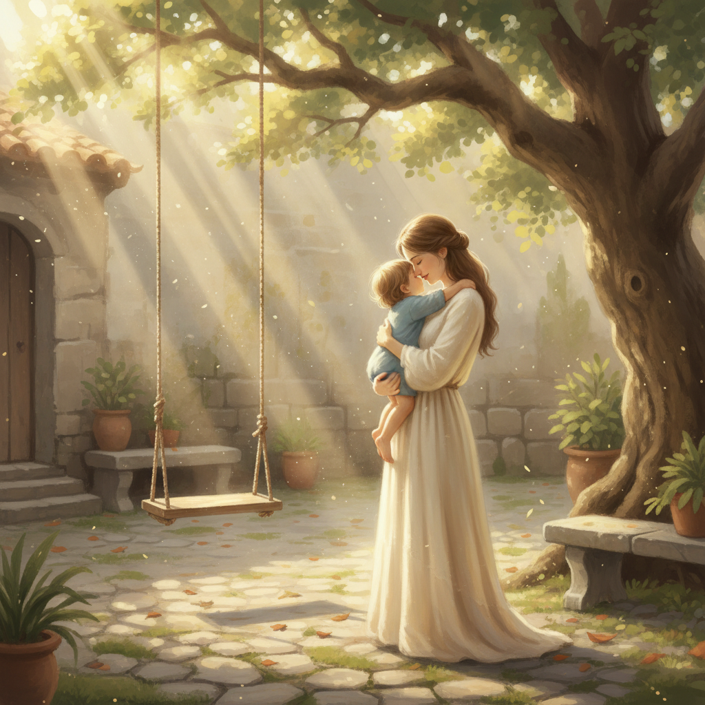 An emotional and soft-focus illustration of a mother hugging her young child in a traditional courtyard with a small wooden swing in the background, warm sunlight filtering through trees.