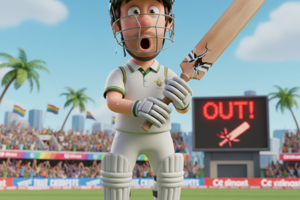 A funny 3D character dressed as a cricket player,