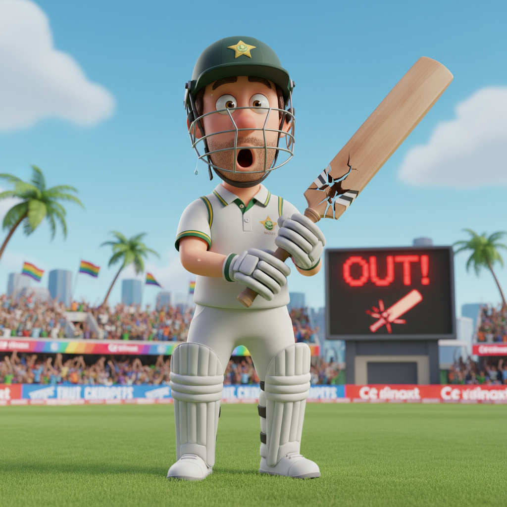 A funny 3D character dressed as a cricket player,