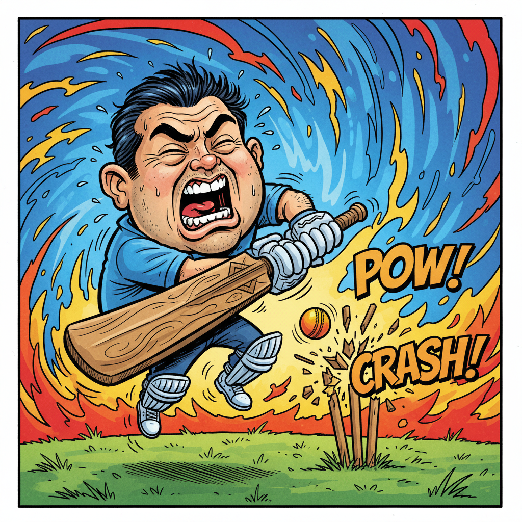 A caricature of a batsman closing his eyes and swinging the bat wildly, while the ball hits the stumps behind him, vibrant colors, comic style.